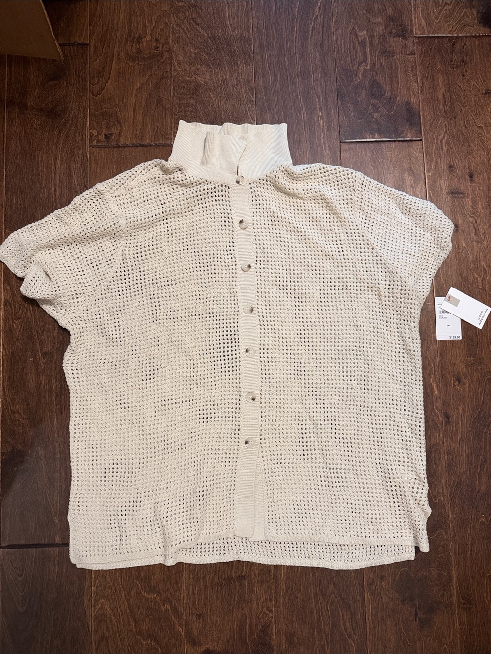 Good American Cream Open-Knit Button-Back Short Sleeve Top